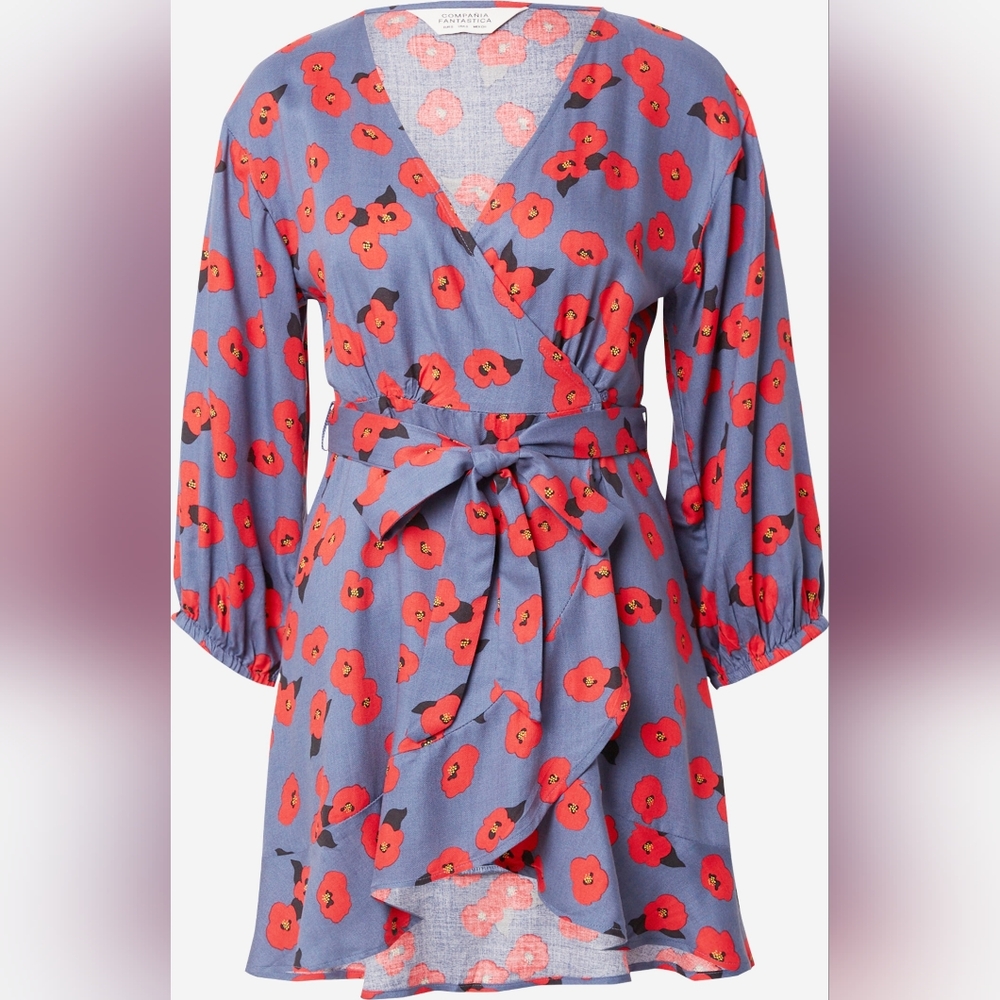 EUC Compania Fantastica Red & Blue Floral Poppy Wrap Mini Dress